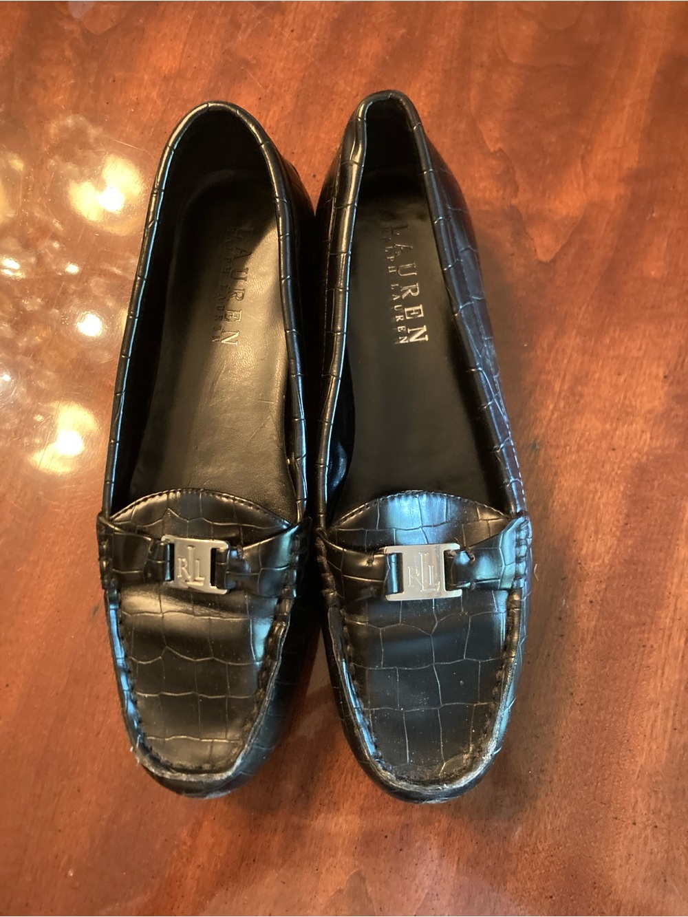 Lauren Ralph Lauren Black Croc-Embossed Loafers with Silver RL Accent
